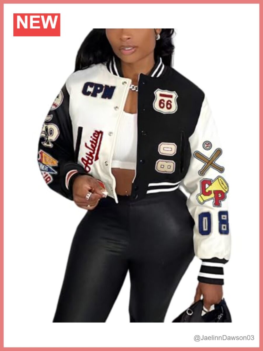 Faux Leather Varsity Bomber Jacket Womens Cropped Patches Print